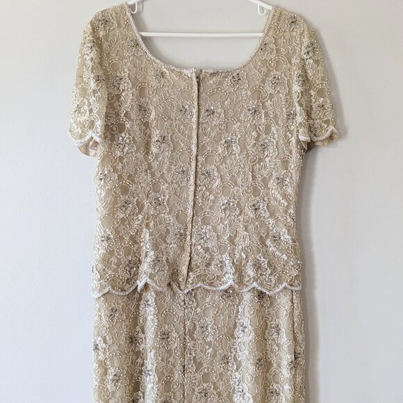 80s Beige Beaded Prom Dress Peplum Dress Floral Lace Formal Gown Vintage Dress - Picture 13 of 14